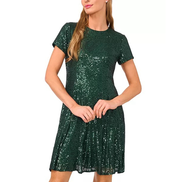 CeCe Dresses & Skirts - CeCe Emerald Green Sequin Godet Short Sleeve Shimmer Dress M
